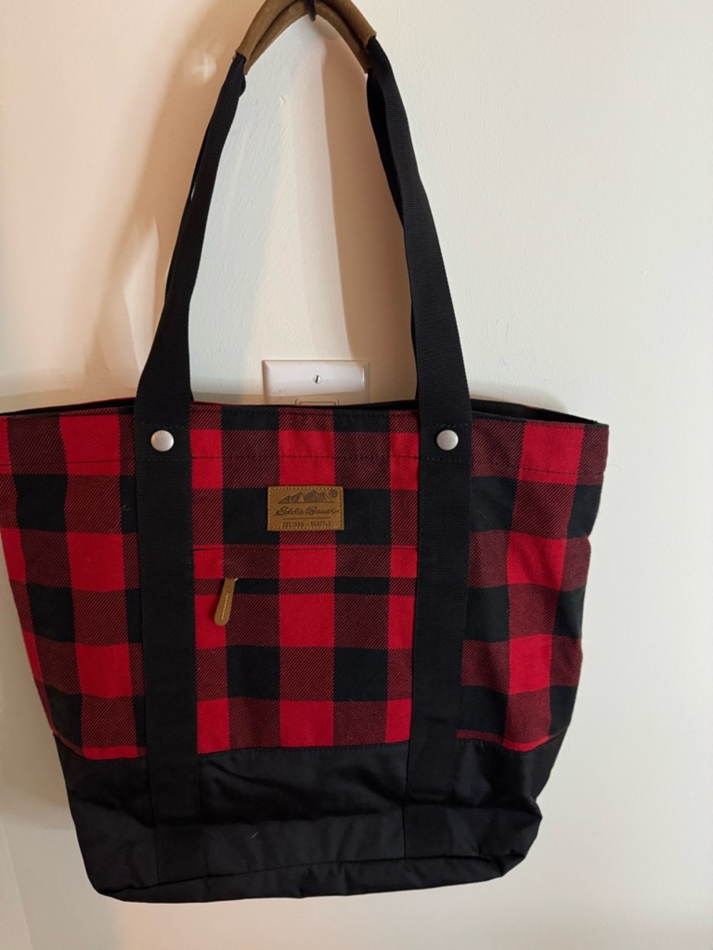 Eddie Bauer Red and Black Buffalo Plaid Tote with Black Trim